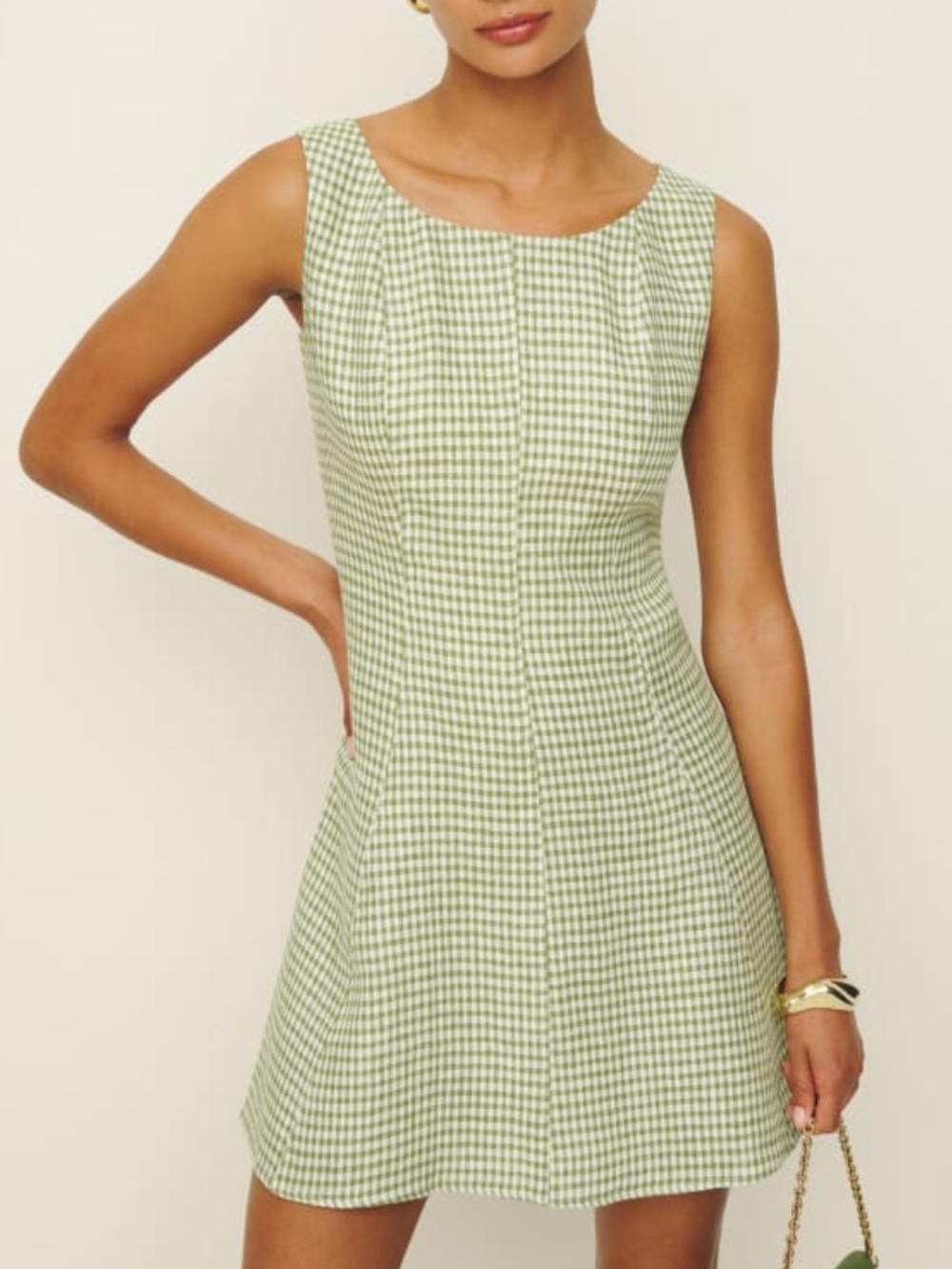 Reformation Amorette Linen Dress Avocado Check Gingham Size 12 NWT